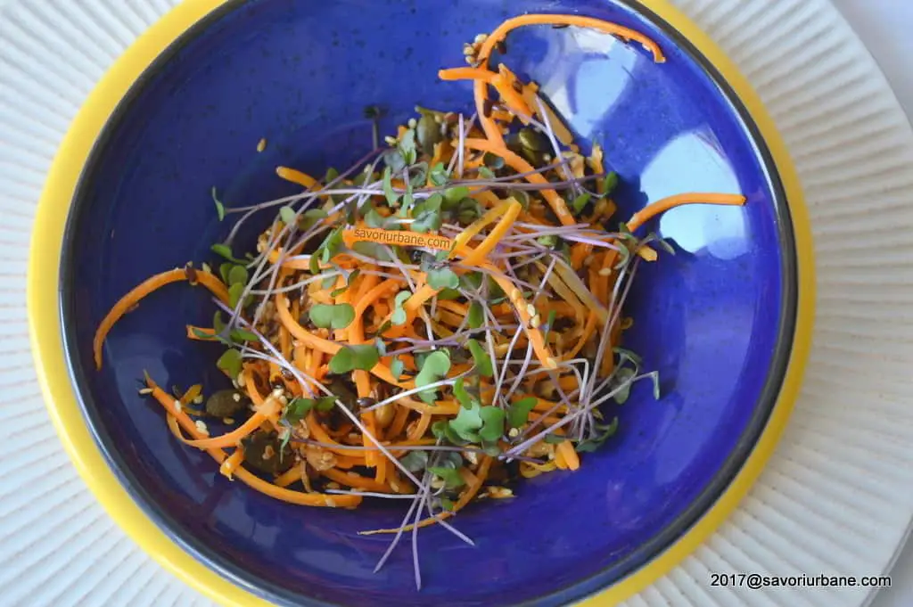 Salata de morcovi cruzi cu seminte si microplante reteta savori urbane