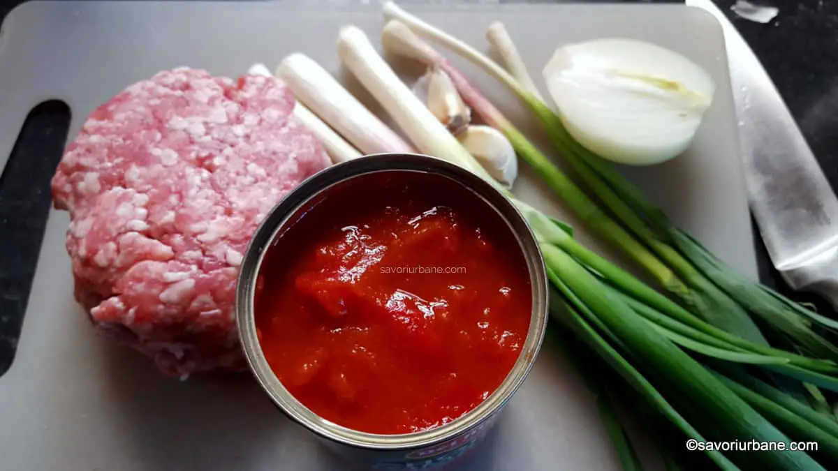 ingrediente paste cu carne tocata si sos de rosii