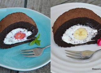 Ruladă stracciatella cu căpșuni sau banane – cu cremă de mascarpone și ciocolată Ruladă stracciatella cu căpșuni sau banane reteta savori urbane