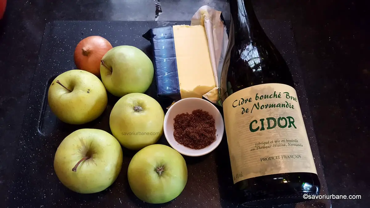 ingrediente pentru garnitura de mere caramelizate cu unt si cidru