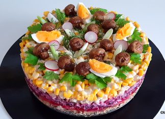 Salată în straturi cu pui, ciuperci, porumb, cartofi, sfeclă roșie – Salată Poienița Salată în straturi cu pui, ciuperci, porumb, cartofi, sfeclă roșie - Salată Poienița reteta savori urbane