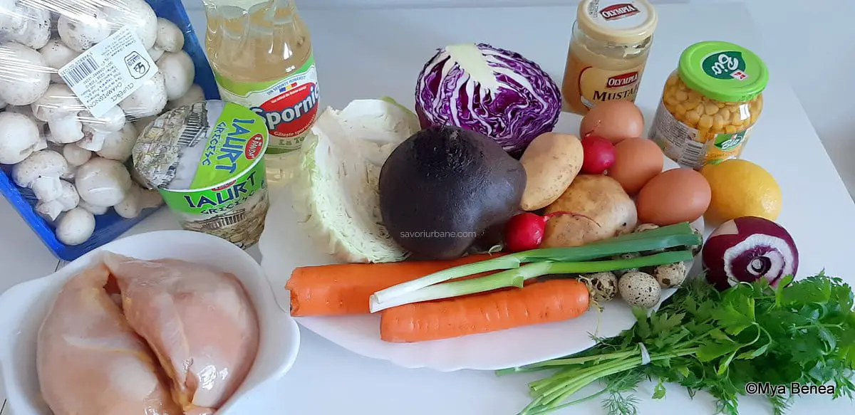ingrediente salata in straturi sau salata poienita cu ciuperci pui porumb cartofi sfecla varza maioneza