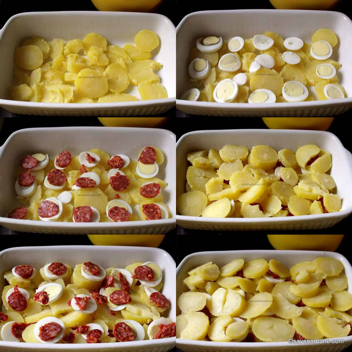 cum se monteaza cartofii cu afumatura si oua fierte la cuptor 1