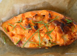 Cartofi dulci copți umpluți cu bacon, brânză și usturoi Cartofi dulci copți umpluți cu bacon, brânză și usturoi - la cuptor reteta savori urbane