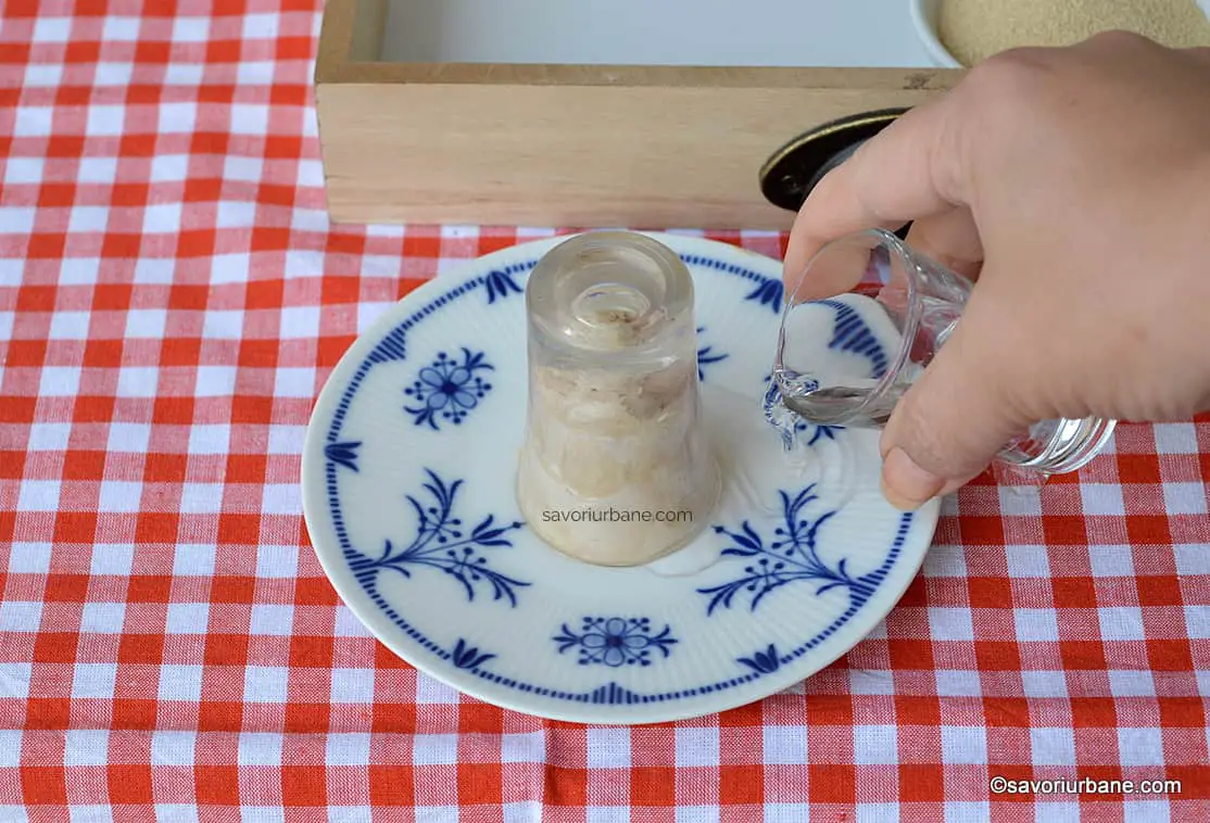 cum pastra bunica drojdia proaspata in borcan sau pahar pus pe farfurie cu apa (3)