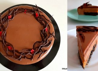 Tort cu mousse de ciocolată, caramel, Oreo, nuci și glazură oglindă – Entremet Mya fără coacere Tort cu mousse de ciocolată, caramel, Oreo, nuci și glazură oglindă - Entremet Mya fără coacere reteta savori urbane
