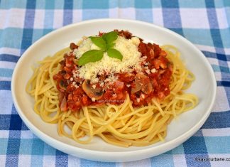 Spaghete milaneze rețeta de paste cu ciuperci, bacon și sos de roșii Spaghete milaneze rețeta de paste cu ciuperci, bacon și sos de roșii savori urbane