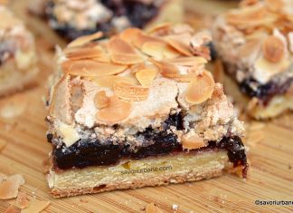 Prăjitură cu dulceață de vișine, bezea și aluat fraged Prăjitură cu vișine, bezea și aluat fraged migdale reteta savori urbane