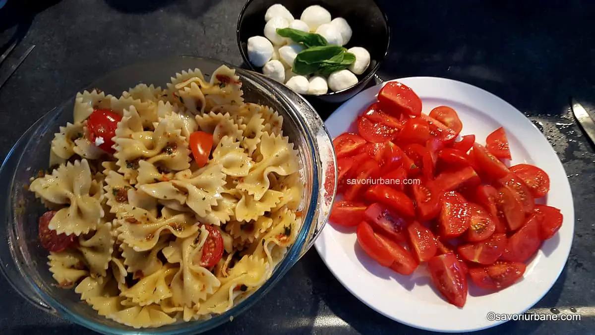 montare salata cu paste rosii branza mozzarella busuioc usturoi (1)