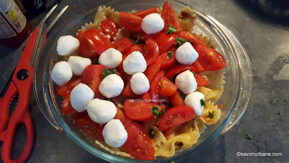 montare salata cu paste rosii branza mozzarella busuioc usturoi (2)