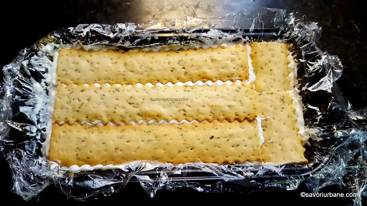cum se pune blatul de crackers biscuiti sarati la terina aperitiv cu branza si gelatina (1)