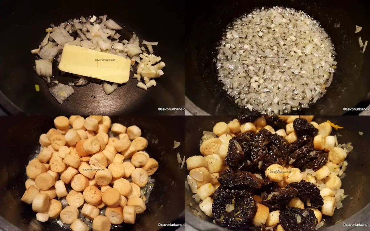 preparare umplutura friptura cu crutoane de paine ceapa usturoi unt prune in coniac sau marsala (2)