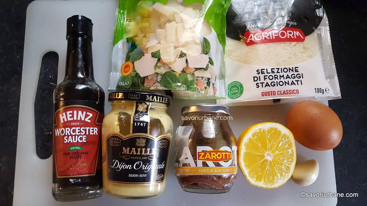 ingrediente dressing salata caesar originala parmezan grana sos worcester mustar de dijon usturoi alici acciughe ansoa anchovies