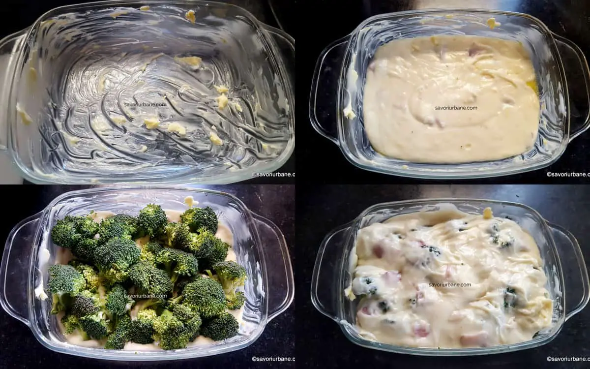 Montare broccoli cu brânză, șuncă și sos alb în forma pentru gratinat