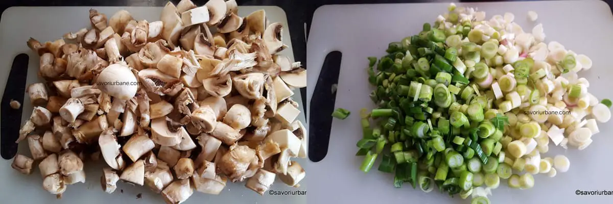 pregatire ciuperci si ceapa verde usturoi verde pentru drob vegetarian de orez