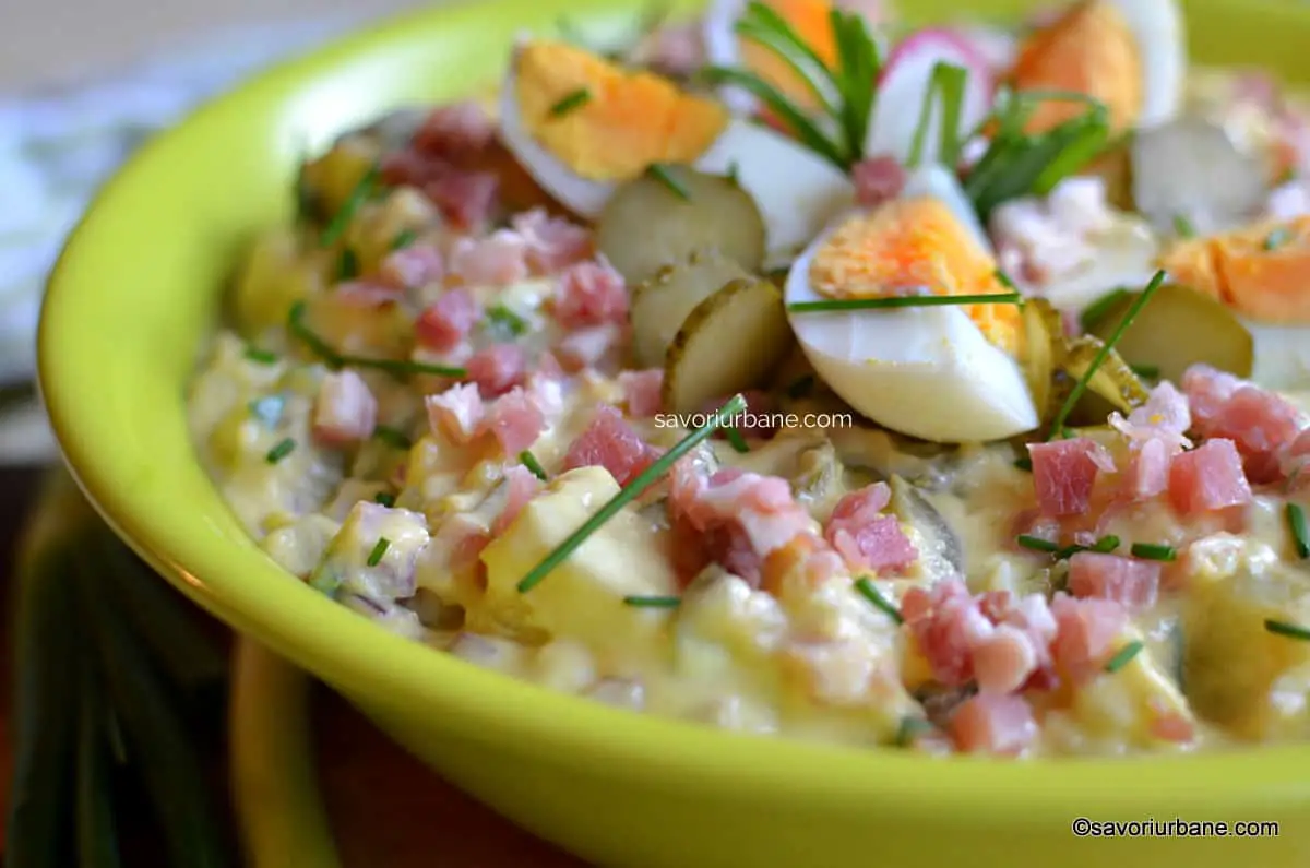 reteta ungureasca de salata cu cartofi fierti oua fierte de la pasti ceapa rosie si verde castraveti murati maioneza