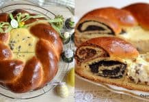 Pască 2 în 1 cu bordură împletită din cozonac umplut cu nucă și mac – pasca surpriză Pască 2 în 1 cu bordură împletită din cozonac umplut cu nucă și mac reteta savori urbane