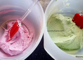 Cremă de unt cu fondant și colorant natural (roz, verde) – rețeta de cofetărie pentru cremă de zmeură sau de fistic Cremă de unt cu fondant și colorant natural - rețeta de cofetărie savori urbane