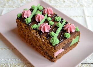 Tort Cranț (Kranz) cu nuci caramelizate și 3 tipuri de cremă colorată natural: roz, verde și de cacao Tort Krantz (cranț) cu nuci caramelizate și 3 tipuri de cremă colorată natural reteta savori urbane