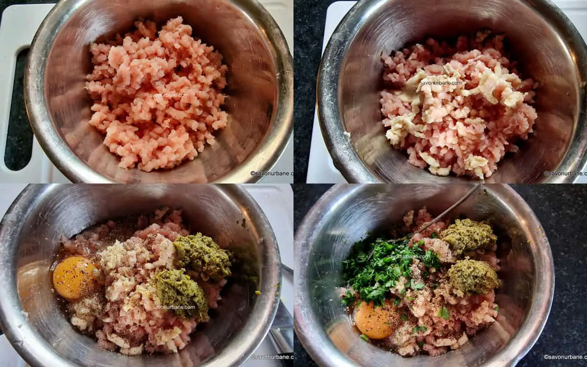 preparare compozitie de carne tocata de pui curcan cu pesto usturoi parmezan pentru chiftele la air fryer (1)