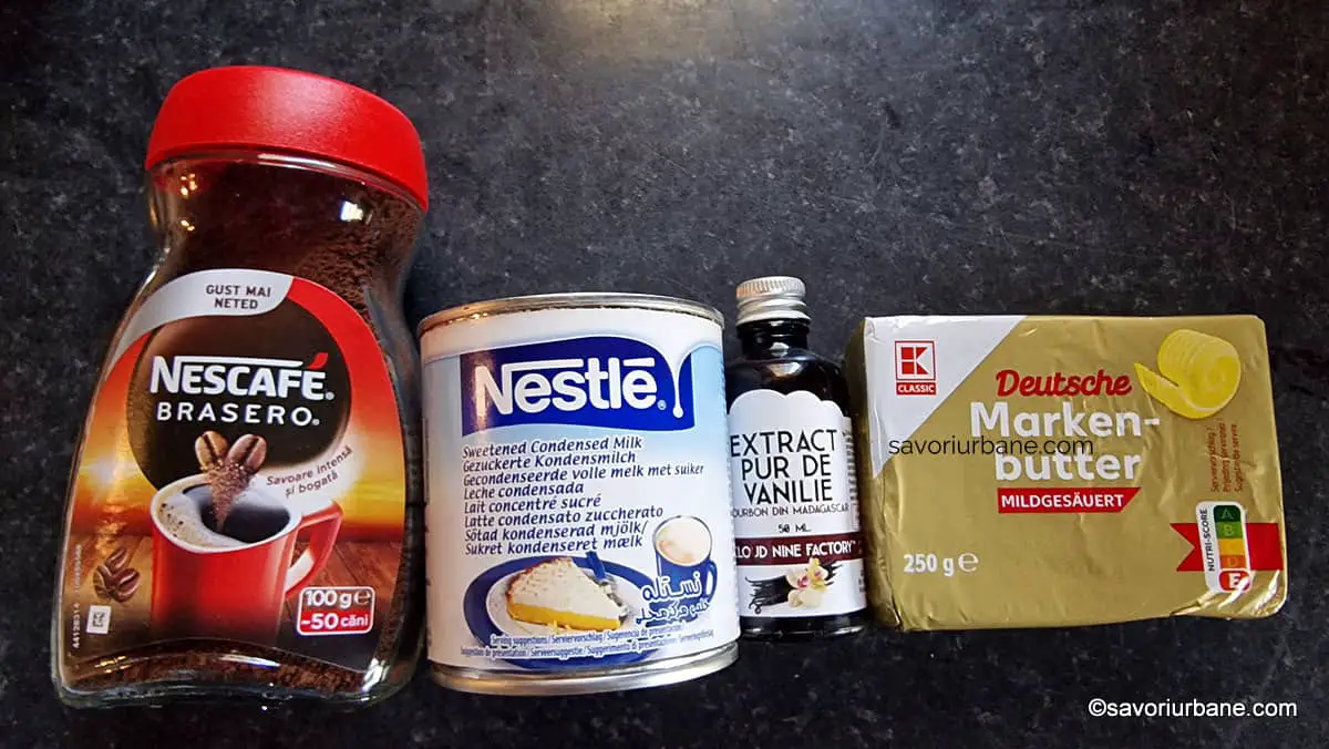 Ingrediente pentru crema rapidă de cafea instant (ness) cu unt și lapte condensat îndulcit