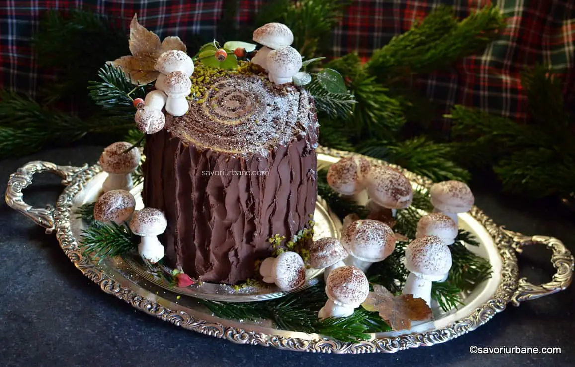 Ornare și servire ruladă buturugă verticală cu ciuperci din bezea - rețeta de tort trunchi de copac sau Buche de Noel savori