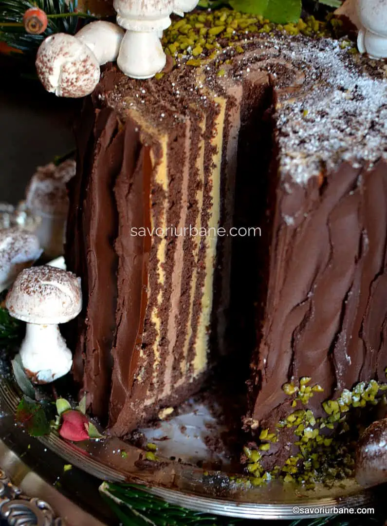 sectiune rulada verticala buturuga tort trunchi de copac cu crema caramel castane cafea ganache de ciocolata