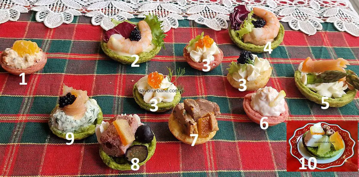 legenda 10 mini aperitive festive tarte cosulete colorate roz verzi cu umpluturi diferite