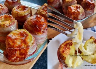 Cartofi Vulcano umpluți cu brânză și înveliți în bacon – la cuptor Cartofi Vulcano umpluți cu brânză și înveliți în bacon - la cuptor reteta savori urbane