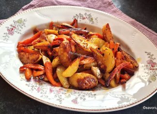 Cartofi rumeniți cu morcovi caramelizați și usturoi copt – la cuptor Cartofi rumeniți cu morcovi caramelizați și usturoi copt - la cuptor rețeta savori urbane