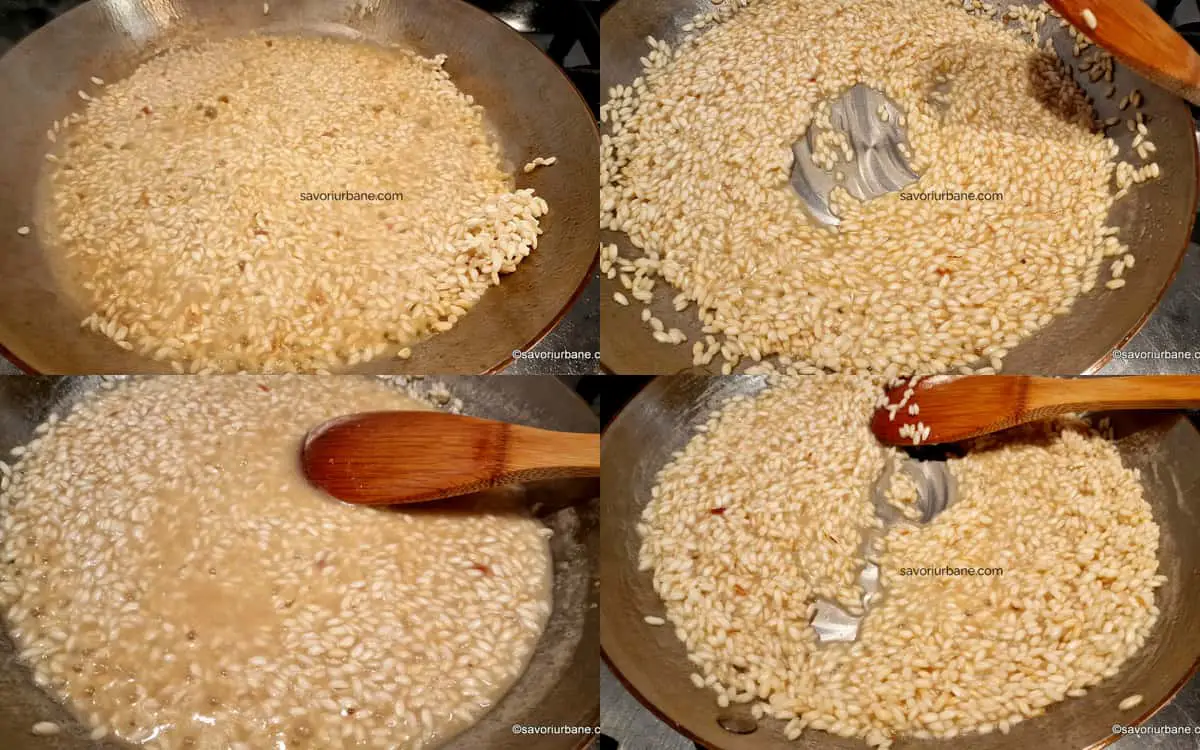 Cum se adaugă treptat lichidul fierbinte la un risotto și cât timp se gătește orezul