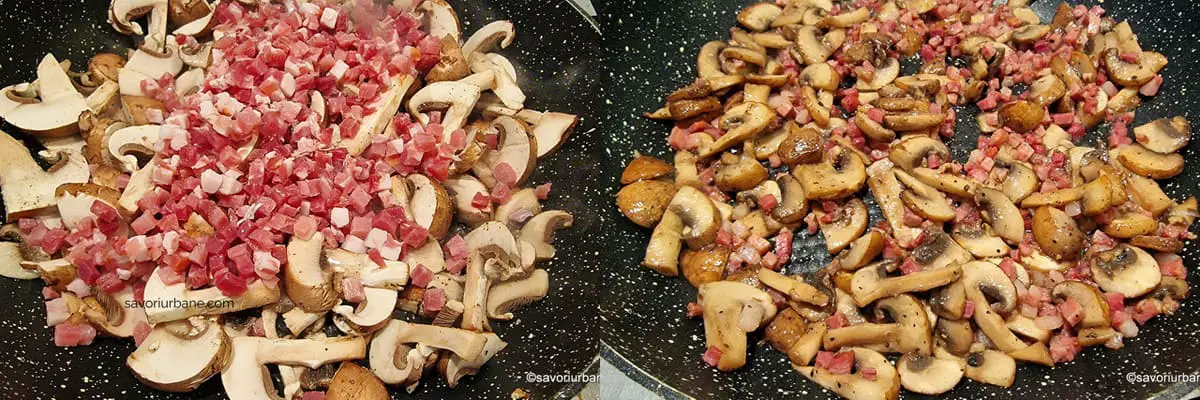 Cum se face umplutura de ciuperci sotate cu unt, bacon sau șuncă și ceapă