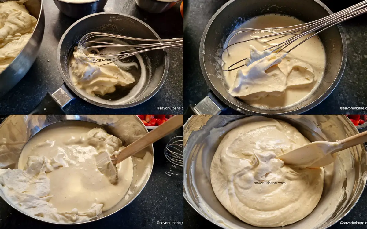 Cum se încorporează corect gelatina topită în crema de vanilie cu frișcă pentru cremsnit stracciatella