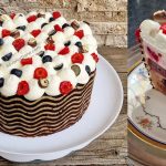 Tort cu cremă bavaroise cu ciocolată, fructe, jeleu și tapet decor (tip entremet) la Aniversarea a 10 ani de blogging savori urbane