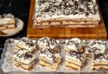 Vânt Japonez (video) – prăjitura cu foi de bezea, cremă de nucă și de vanilie, frișcă și ciocolată Vânt Japonez (video) - prăjitura cu foi de bezea, cremă de nucă și de vanilie, frișcă și ciocolată savori urbane