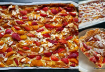 Plăcintă creață cu caise și căpșuni – cu cremă de smântână cu vanilie (soufra cu fructe) Plăcintă creață cu caise și căpșuni - cu cremă de smântână cu vanilie (soufra cu fructe) savori