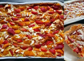 Plăcintă creață cu caise și căpșuni – cu cremă de smântână cu vanilie (soufra cu fructe) Plăcintă creață cu caise și căpșuni - cu cremă de smântână cu vanilie (soufra cu fructe) savori