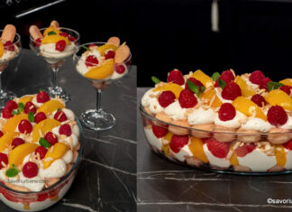 Cheesecake Melba fără coacere cu piersici, zmeură și pișcoturi (tip tiramisu) – rețeta VIDEO Cheesecake Melba fără coacere cu piersici, zmeură și pișcoturi reteta savori urbane